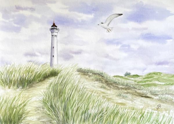 Aquarell DIN A5 Bild Aquarelldruck  Dänemark Leuchtturm Lyngvig Fyr in den Dünen